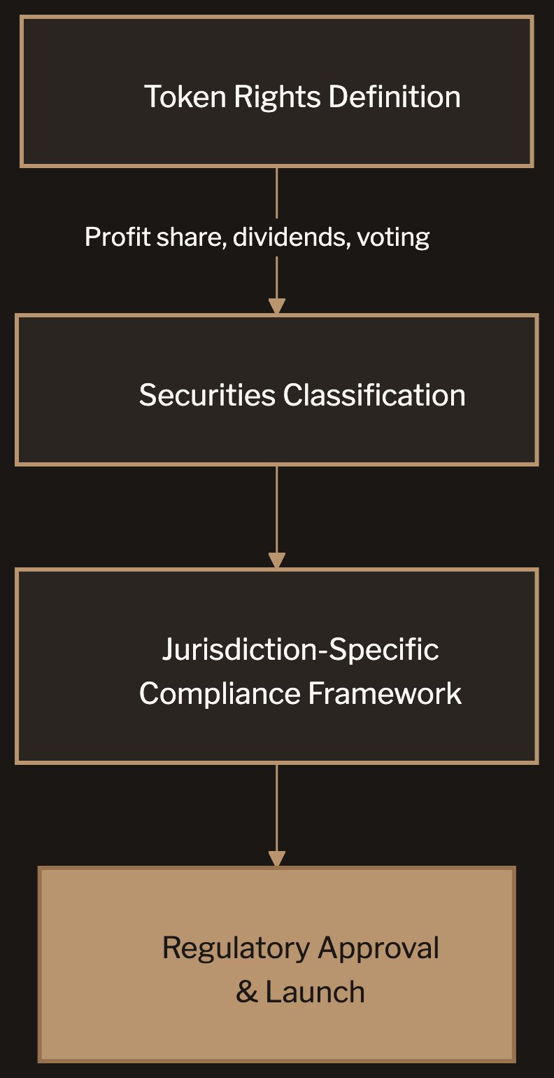 RWA token compliance determination flowchart showing path from token rights definition to regulatory approval