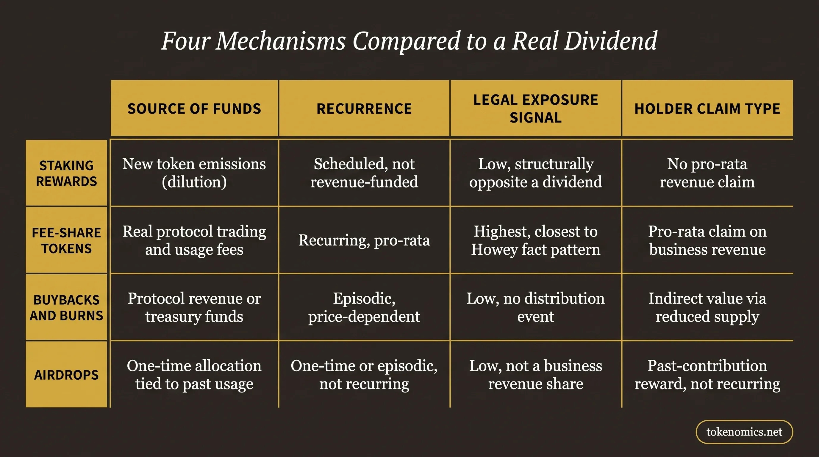 A comparison table infographic contrasting four crypto distribution mechanisms, staking rewards, fee-share tokens, buybacks and burns, and airdrops, with columns for source of funds, recurrence, legal exposure signal, and holder claim type, rendered in institutional gold on a warm charcoal field.