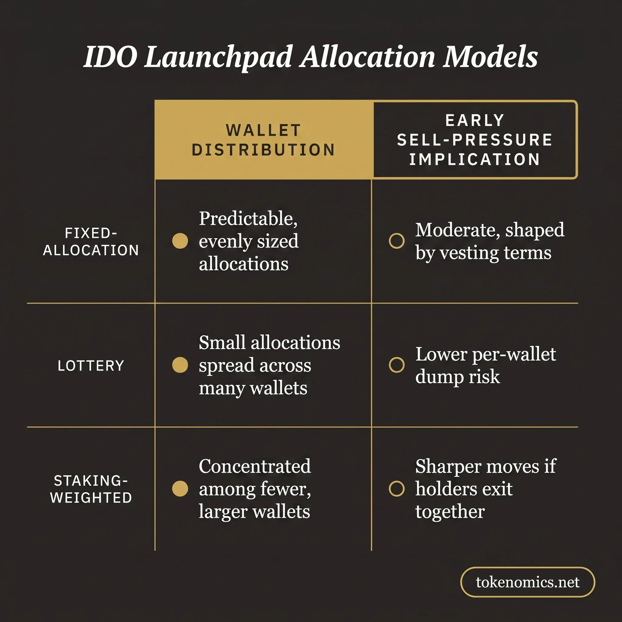 A comparison table infographic contrasting three IDO launchpad allocation models, fixed-allocation, lottery, and staking-weighted, with columns for typical wallet distribution and early sell-pressure implication, rendered in institutional gold on a warm charcoal field.