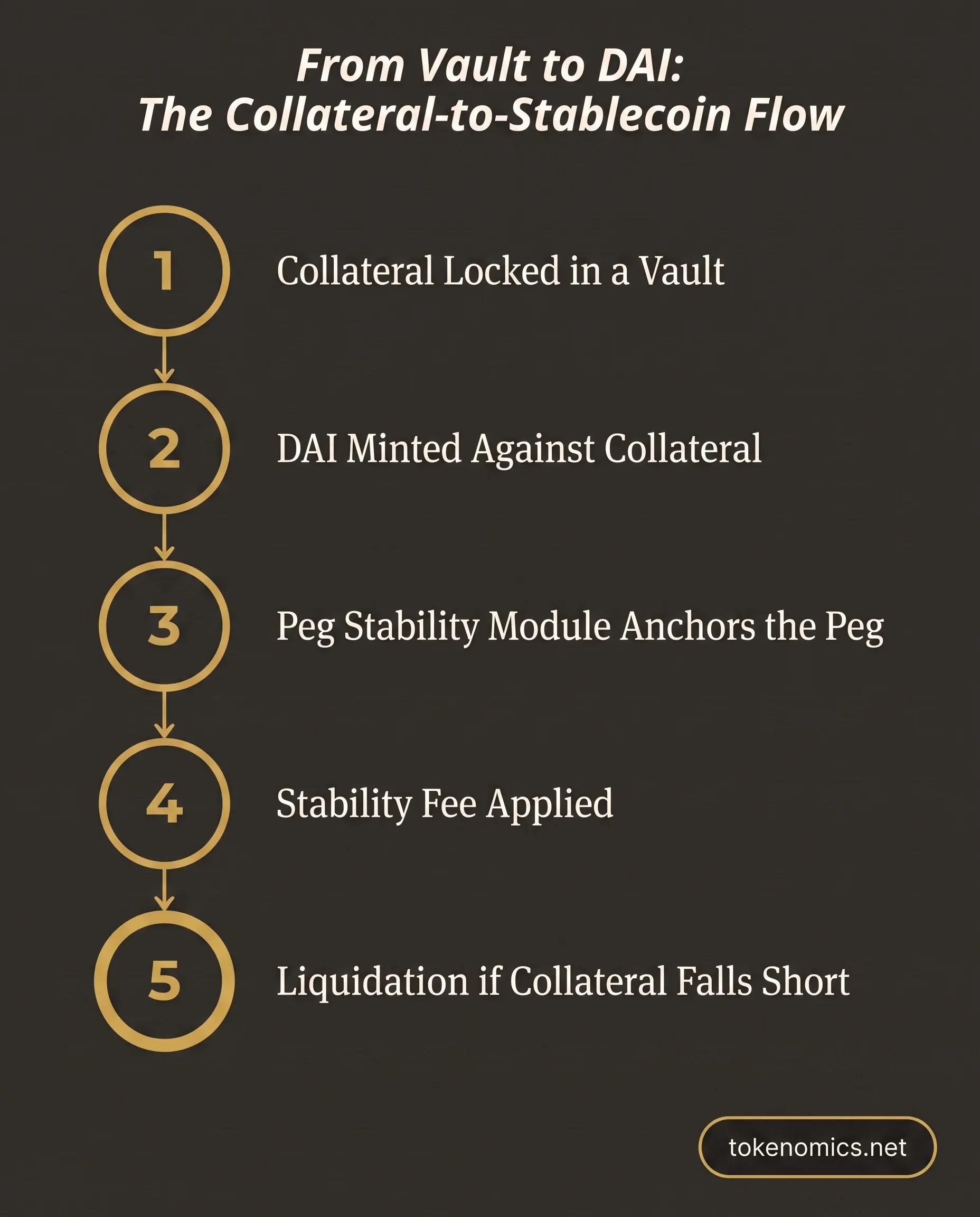 A process diagram infographic showing collateral (crypto and real-world assets) flowing into a Vault, minting DAI, routing through the Peg Stability Module and RWA backing, and cycling through the stability fee and liquidation loop, rendered in institutional gold on a warm charcoal field.