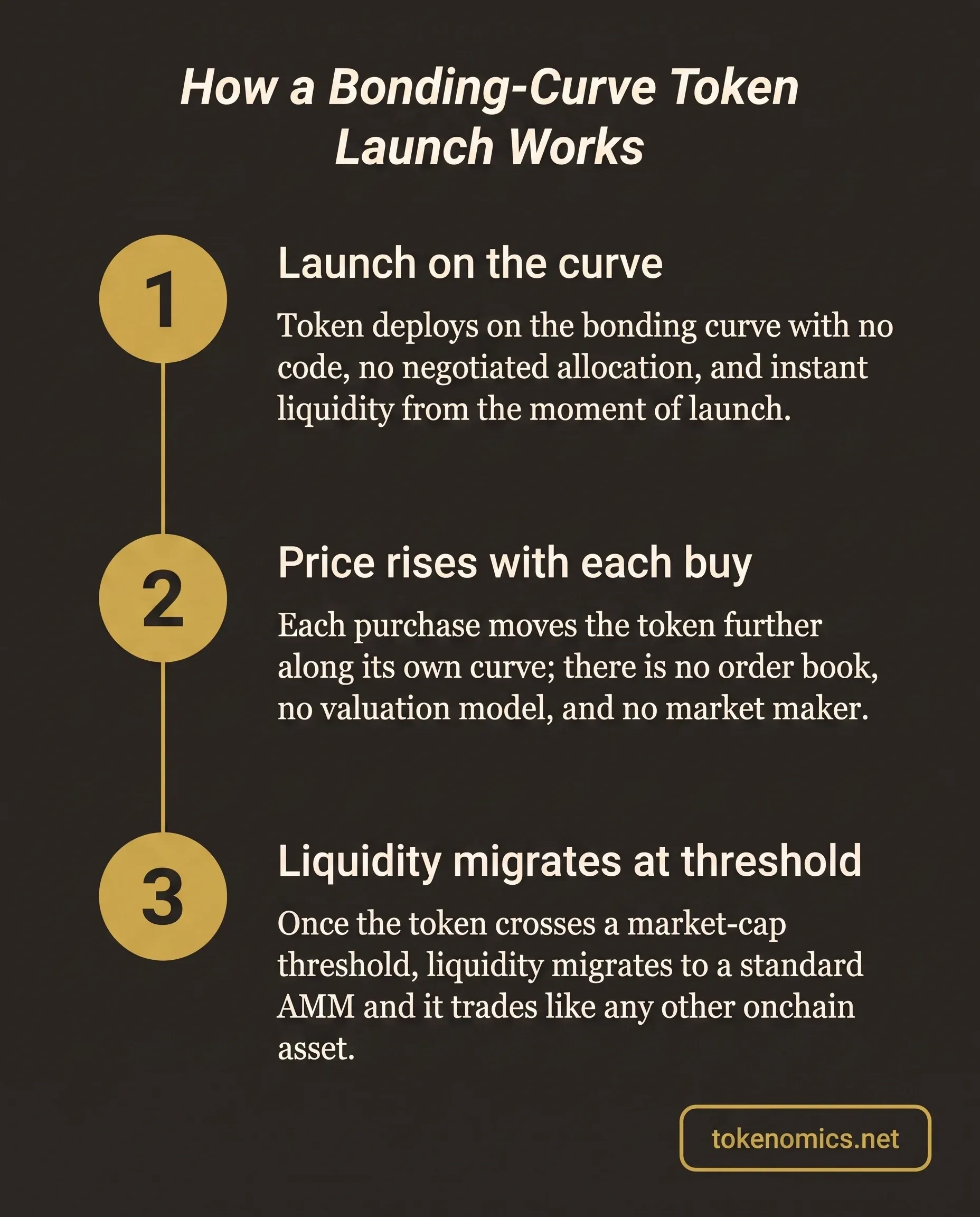 A three-stage process infographic showing a bonding-curve token launch: launch on the curve, price rising with each buy, and liquidity migration at a market-cap threshold, rendered in institutional gold on a warm charcoal field.