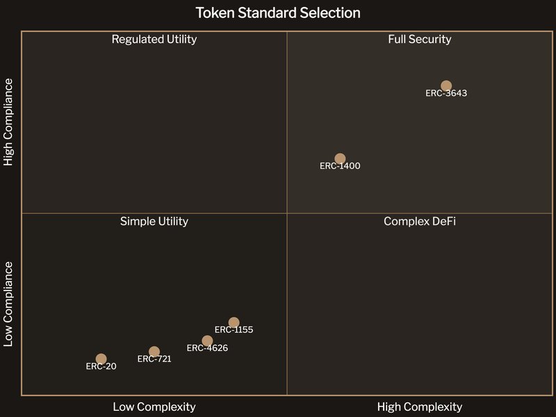 Quadrant chart showing token standards positioned by complexity and compliance level