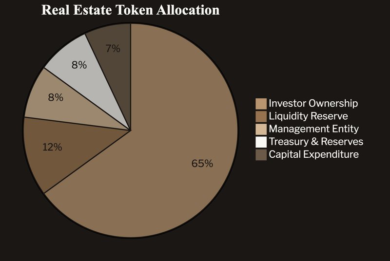 Token allocation breakdown showing investor ownership, liquidity reserve, management, and treasury segments