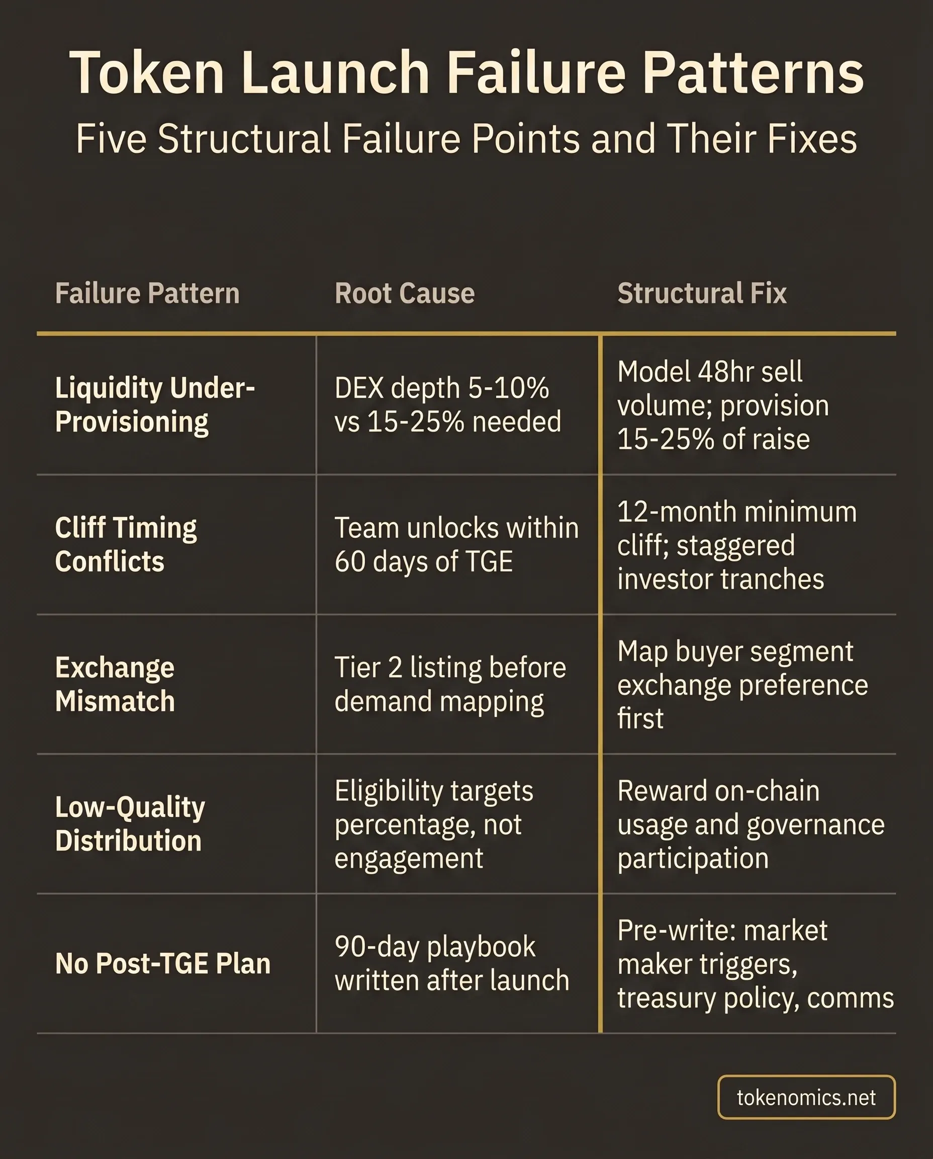 Token launch strategy failure patterns comparison table: five failure modes, root causes, and structural fixes