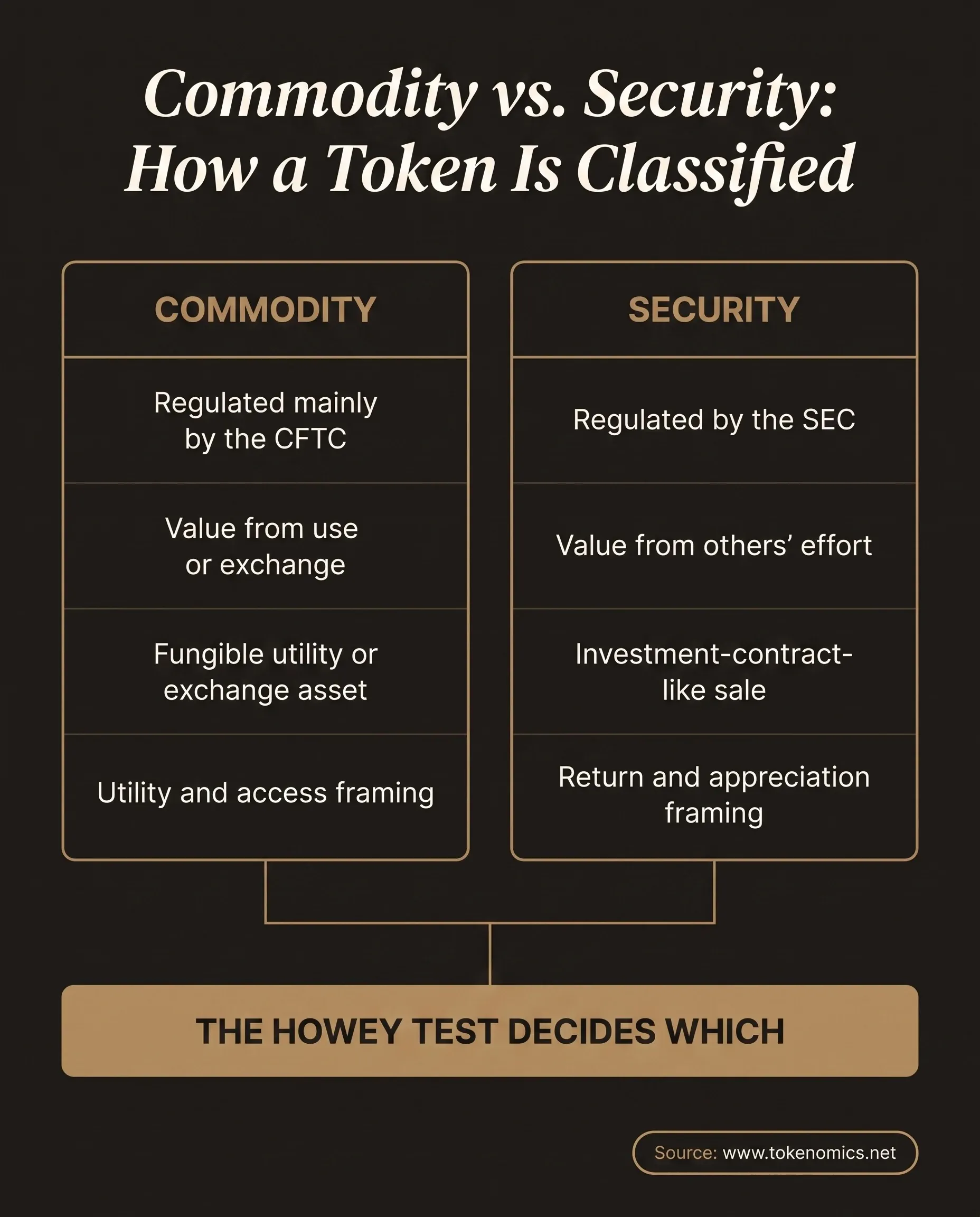 A two-column comparison table contrasting a commodity and a security across primary U.S. regulator, source of value, typical token structure, and marketing posture, rendered in muted bronze-gold on a warm charcoal field with a gold rule dividing the two columns and a shared outcome band reading that the Howey test decides which.