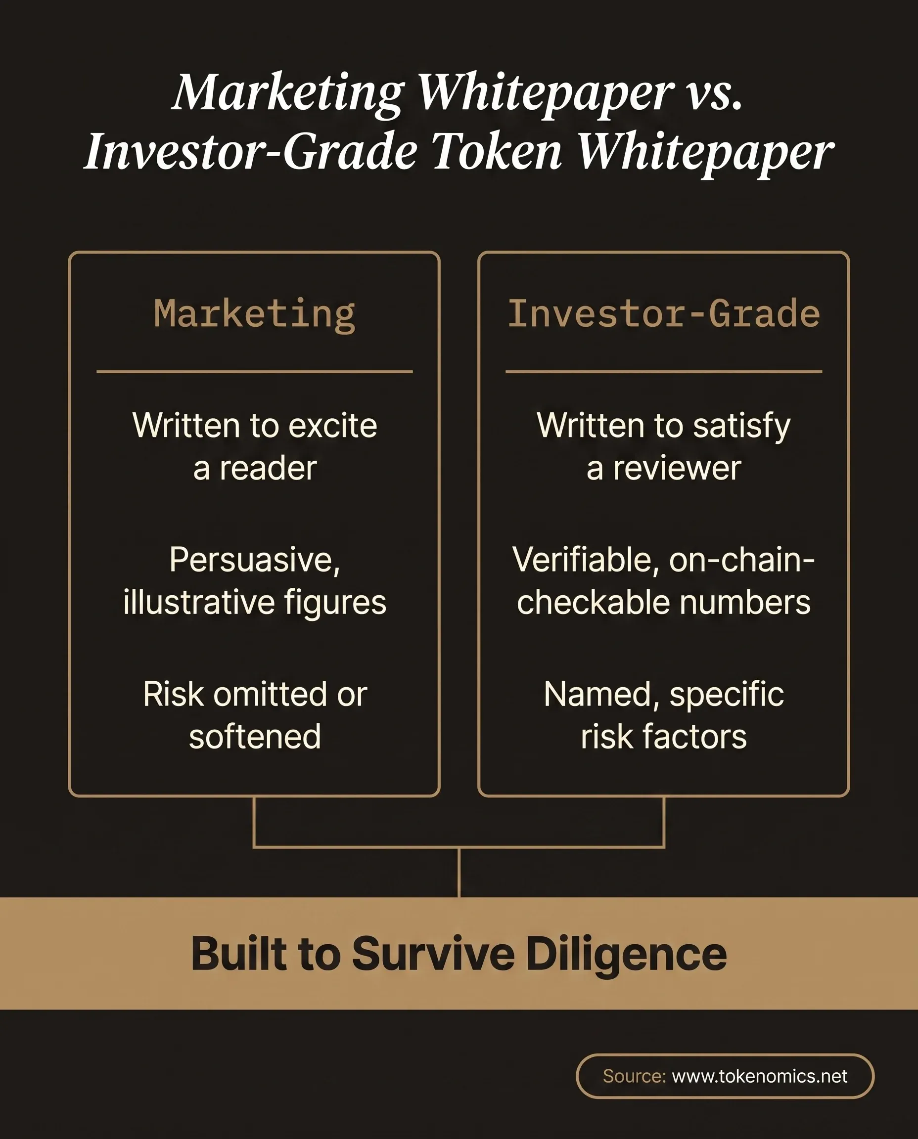 A two-row comparison table contrasting a marketing whitepaper against an investor-grade token whitepaper across primary audience, numbers standard, and risk disclosure, rendered in institutional gold on a warm charcoal field.