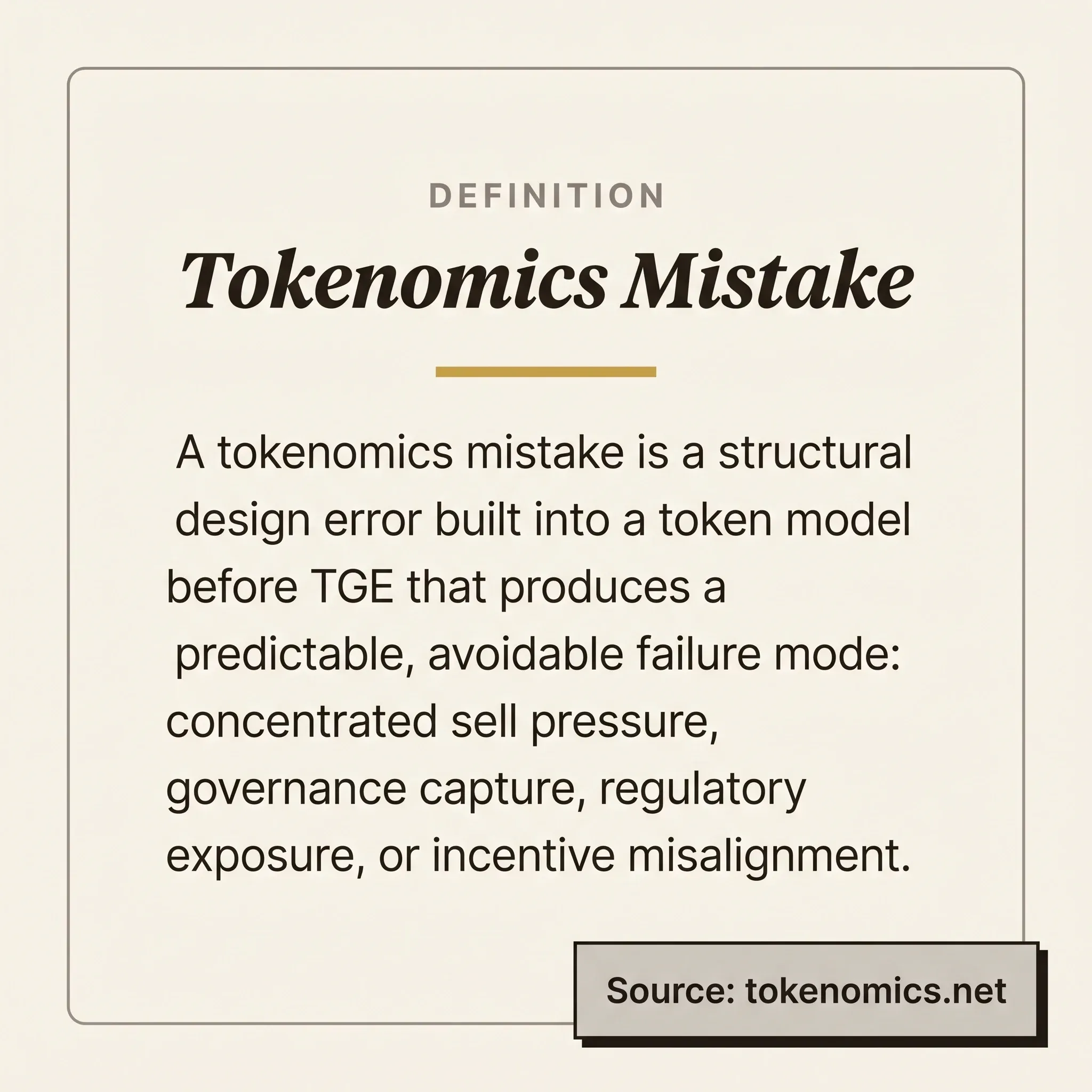 Tokenomics Mistake definition card: a structural design error built into a token model before TGE