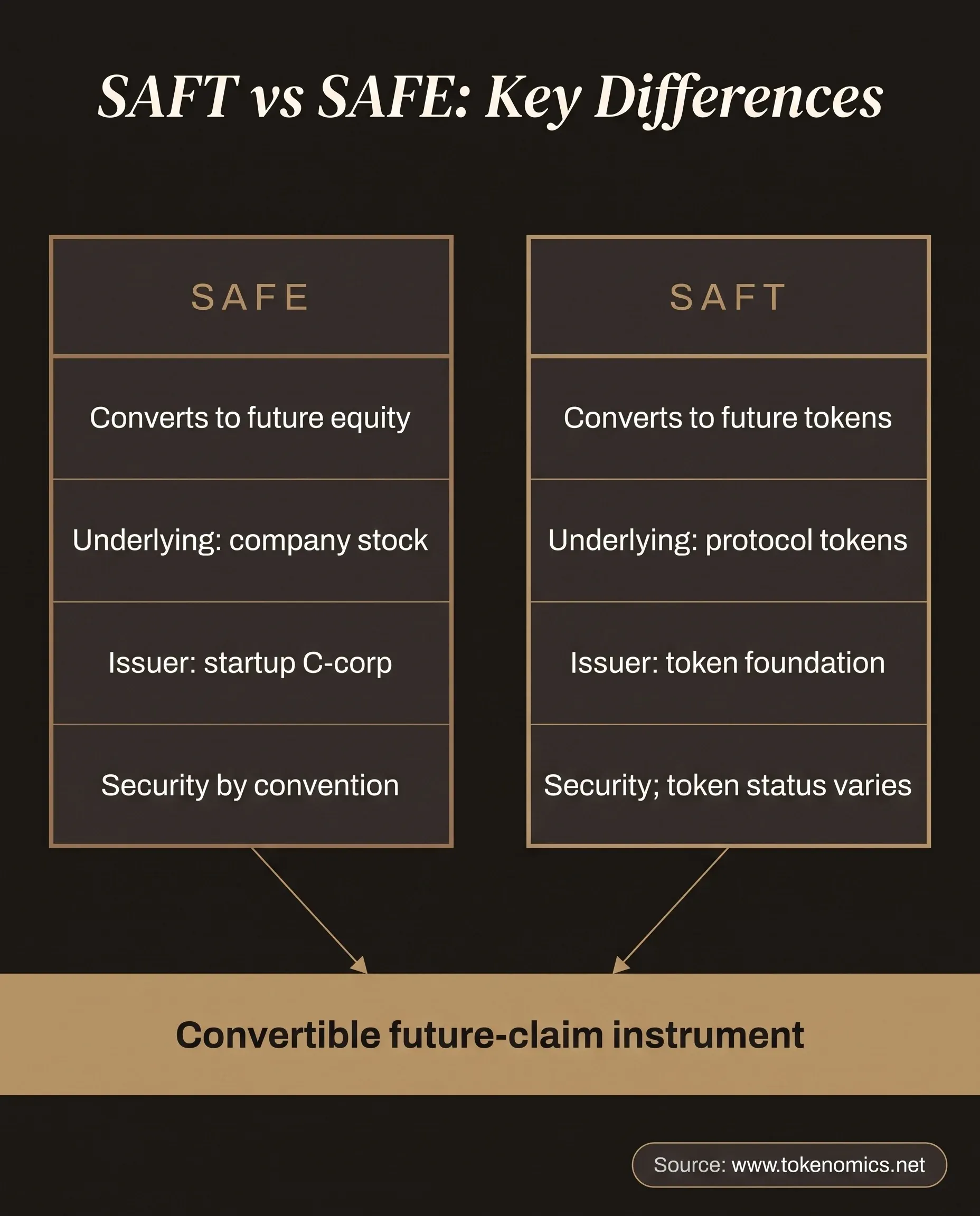 SAFT vs SAFE comparison across what the investor receives, underlying asset, issuer, and securities treatment, rendered in institutional gold on a warm charcoal field with a gold rule divider between the columns.